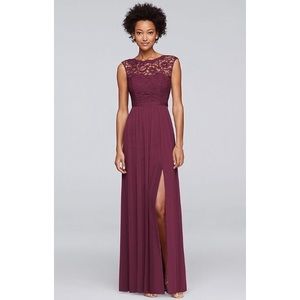 DAVID’S BRIDAL Long Lace Bridesmaid Dress in Wine